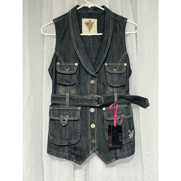 Playboy Y2K Denim Vest Deadstock Embroidered Rhinestone Size Small Jean 2007 - Picture 1 of 9